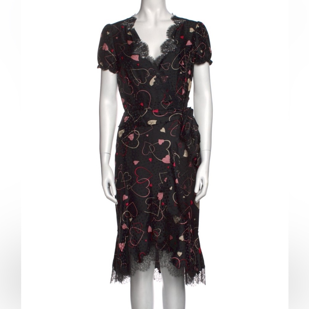 Moschino Silk Heart Print Lace Trim Midi Length Dress